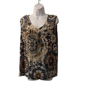 PerSeption Concept Womens XL Tank Top Blue Brown Geometric Print Zipper V Neck
